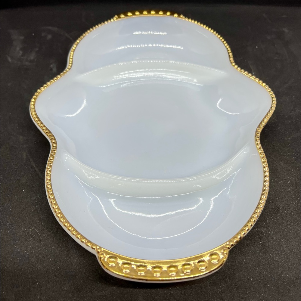 Fire King ovenware Milk Glass serving dish with gold trim